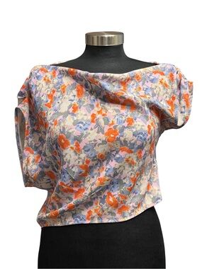 NWOT Open Edit Floral Asymmetrical Cowl Neck Puff Sleeve Crop Top M